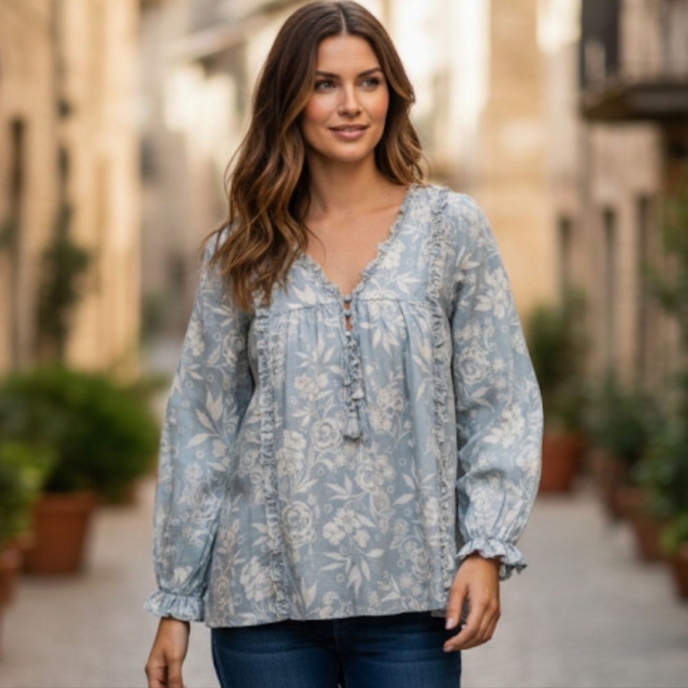 JOHNNY WAS Oversized Romantic Vintage Ruffled Floral Pale Blue Peasant Top